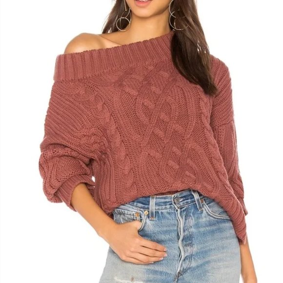 J.O.A. Cable Knit Off the Shoulder Sweater (Mauve, L) - Picture 2 of 2